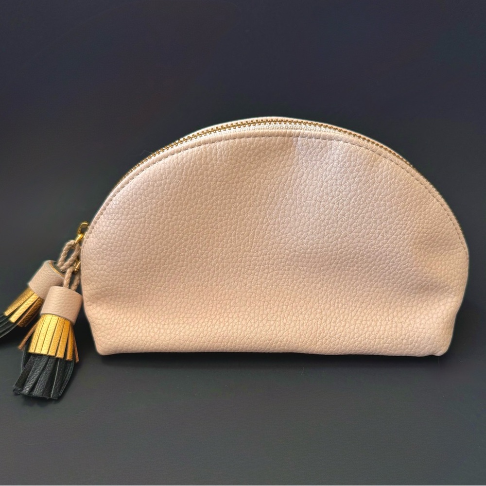 Anthropologie Dome Cosmetic Pouch Blush Pink Pebbled Vegan Leather Large Tassels